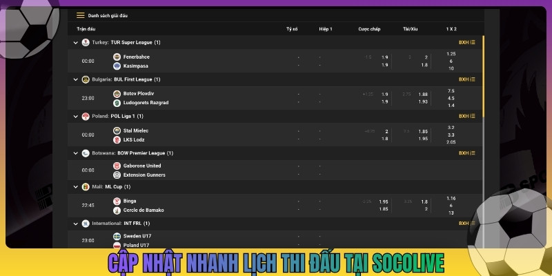 Cập nhật đầy đủ lịch thi đấu tại Socolive